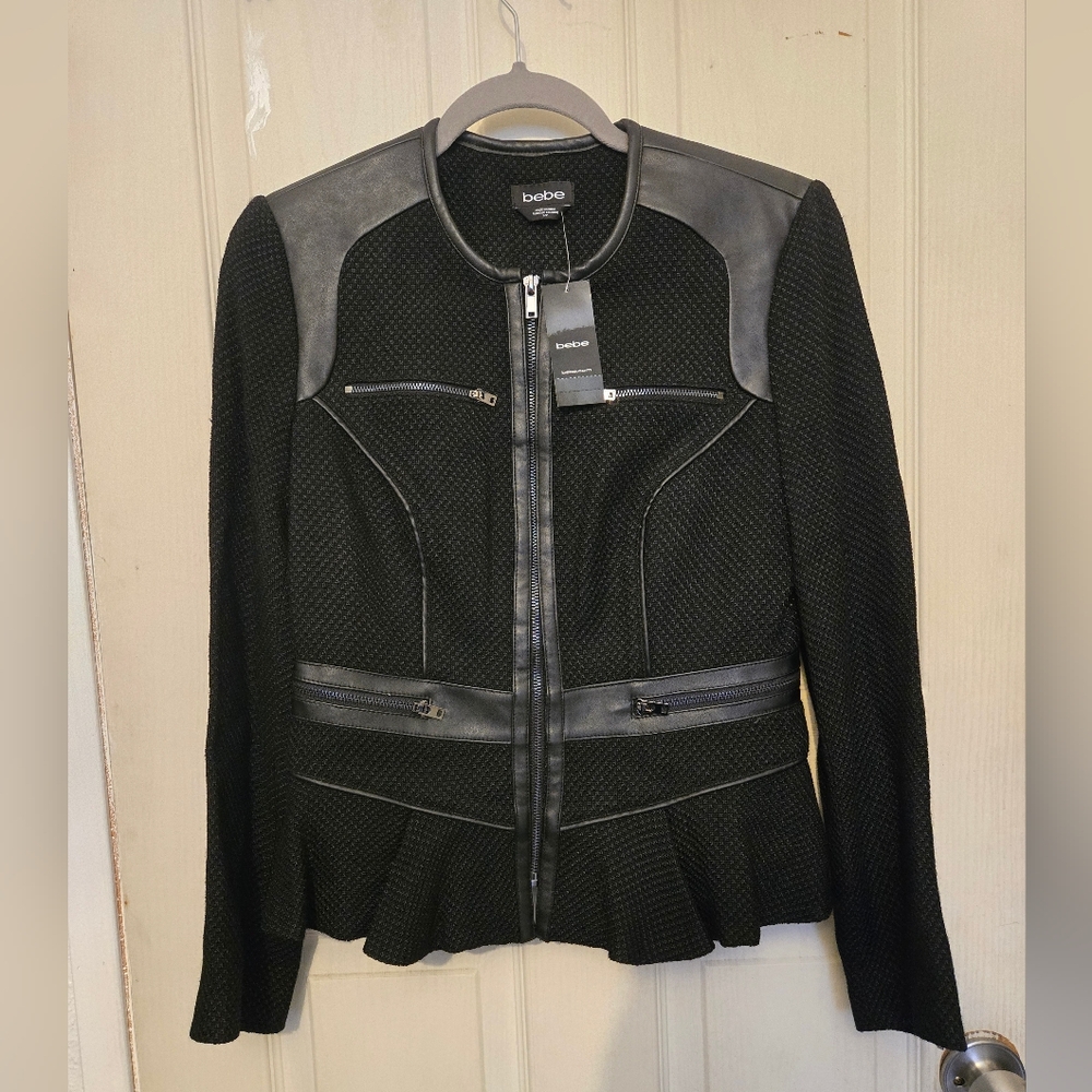 NWT BEBE CONTRAST PEPLUM WOOL MOTO MOTO LN BASQUE CONT Sz SP COLOR BLACK